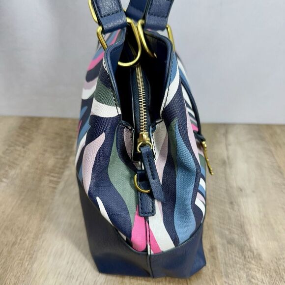Fossil Lane Satchel Handbag Sea Pink Zebra Stripe Double Handle Zipper Pockets - Picture 2 of 16